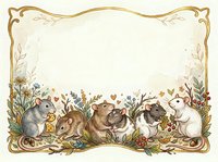 Watercolor mice group among wildflowers and berries in ornate golden frame with copy space, vintage botanical art style card.