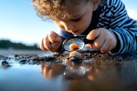 Curious young boy exploring nature with magnifying glass, examining small orange ladybug on wet ground during sunset. Reflection in water creates magical atmosphere.