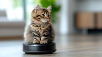 Fluffy tabby kitten sitting on robotic vacuum cleaner in modern home interior, looking curious and playful against blurred background.