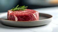 Raw ribeye steak garnished with fresh rosemary sprig on gray ceramic plate, selective focus showing marbled texture and rich red meat color against blurred background.