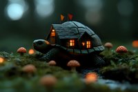 Whimsical turtle carrying miniature house on shell with glowing windows surrounded by mushrooms in enchanted forest setting for fantasy storytelling concepts.