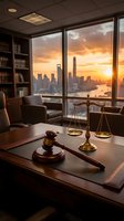 Luxury law office interior with scales of justice and gavel on wooden desk overlooking city skyline at sunset for legal services and attorney concepts.