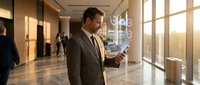 Professional businessman in suit using futuristic holographic interface technology in modern office lobby during golden hour sunlight.