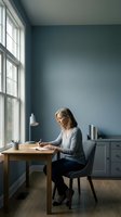 Middle-aged woman with long gray hair, Caucasian ethnicity, sitting at wooden desk writing in bright home office with blue-gray walls, natural window light, and modern furnishings for work and productivity.