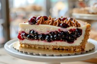 Layered cheesecake slice with mixed berry topping and nuts on white plate in bakery display case. Gourmet dessert for cafe menu and food photography.
