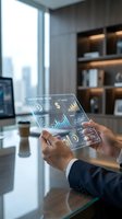 Businessman using transparent tablet displaying financial data analytics and charts in modern office with city view for business intelligence applications.
