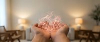 Cupped hands releasing glowing pink energy or light in warm home interior setting, symbolizing healing, spirituality, and positive energy flow.