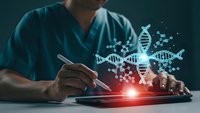 Medical professional using digital tablet with holographic DNA helix and molecular structures for genetic research and biotechnology applications.