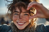 Young woman with freckles making heart shape with hands against sunset, expressing joy and love with bright smile and blue eyes.