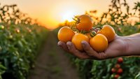 Fresh ripe tomatoes in farmer hands at sunset in organic vegetable garden with golden light creating warm agricultural harvest scene for healthy food concepts.