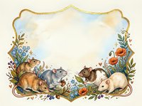 Adorable watercolor mice family gathering in decorative floral frame with wildflowers and poppies on cream background for greeting cards and nursery decor.