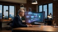 Senior businessman analyzing holographic data visualization on computer screen in modern brick office workspace during evening hours.