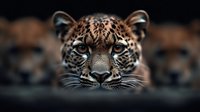 Majestic leopard portrait with piercing blue eyes and detailed spotted fur pattern against dark blurred background for wildlife photography projects.