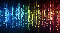 Colorful digital equalizer pattern with glowing dots in rainbow spectrum on dark background, creating dynamic music visualization effect for audio design.