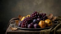 Fresh autumn harvest still life with purple grapes, plums and golden fruits arranged on rustic wooden tray with dried leaves for seasonal decor.