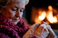 Senior woman in burgundy knitted scarf knitting with needles by warm fireplace, enjoying cozy winter evening atmosphere with soft glowing flames.