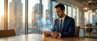 Professional businessman in dark suit analyzing digital financial data on tablet in modern office with city skyline view during golden hour sunlight.