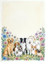 Watercolor group of dogs with flowers and copy space, featuring golden retriever, beagle, corgi, pug, samoyed and border collie on floral border frame.