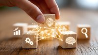 Wooden cubes with glowing business icons connected by digital network on rustic table, representing artificial intelligence and machine learning solutions.