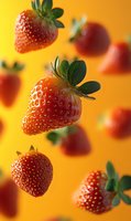 Fresh ripe strawberries floating in air against vibrant orange background, macro shot showing detailed texture and green leaves for food industry use.