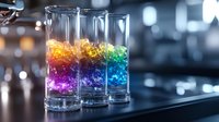 Colorful layered cocktails in tall glasses with vibrant rainbow gradients from purple to blue to green to orange, served at modern bar counter.