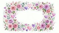 Watercolor floral frame with pink and purple roses, hearts, and green leaves on white background, isolated for cards and invitations.