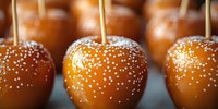 Caramel apples sprinkled with sea salt on wooden sticks, close-up view showing glossy coating and crystalline texture. Fresh autumn dessert treat.