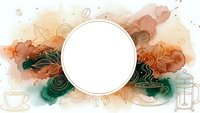 Abstract watercolor coffee frame with warm autumn colors and hand-drawn elements for cafe branding and beverage marketing materials.