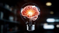 Glowing human brain inside light bulb on dark background, creative concept combining neuroscience and innovation. Symbolic visualization for ideas and intelligence.