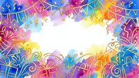 Colorful festive border with rainbow watercolor splashes, gold confetti, gift boxes, and decorative bunting flags on white background, suitable for party invitations and celebration designs.