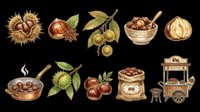 Roasted chestnuts, hazelnuts, and autumn harvest elements isolated on transparent background. Ready for t-shirt designs, clipart, stickers, print-on-demand products, and sublimation projects.