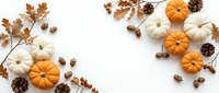 Autumn flat lay with orange and white pumpkins, pine cones, acorns and dried oak leaves on white background for seasonal decoration and harvest themes.