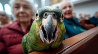Green parrot with open beak in foreground with blurred elderly people in background at indoor gathering or event setting.