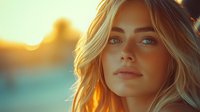 Young blonde woman with flowing hair in golden sunset light creating warm atmospheric portrait for lifestyle and beauty content.