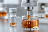Automated liquid dispensing system drops amber-colored substance into glass container in laboratory setting, precise measurement for pharmaceutical research.