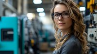 Young professional Caucasian woman with wavy blonde hair and glasses in corporate attire looking confidently at camera against blurred industrial background setting.
