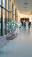 Doctor holding glowing digital brain with neural network connections in modern hospital corridor representing AI medical technology and healthcare innovation.