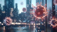 Red coronavirus cell floating against blurred urban cityscape with bokeh lights and multiple virus particles in background, medical science visualization.
