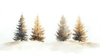 Watercolor pine trees in autumn colors standing in snowy landscape. Minimalist winter forest scene with warm golden and cool gray tones for seasonal designs.