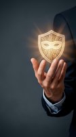 Businessman holding glowing shield with circuit board mask icon, representing cybersecurity, data protection, and digital privacy solutions for technology and business applications.