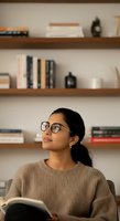 Young woman of South Asian descent wearing eyeglasses and beige ribbed sweater holds open book while gazing upward in modern home library with wooden shelves displaying books and decorative objects.