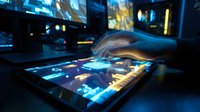 Hand touching interactive digital tablet screen with holographic interface in futuristic technology environment for business presentations and data visualization.