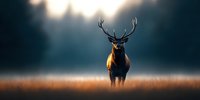 Majestic red deer stag silhouetted against misty forest background at dawn, standing in golden grass meadow during rutting season. Dramatic wildlife scene.