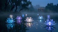 Magical glowing lotus flowers floating on misty lake water at twilight with ethereal blue and white light creating mystical atmosphere for meditation designs.