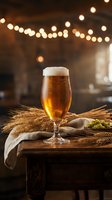 Craft beer glass with foam on rustic wooden table surrounded by wheat stalks and hops in cozy pub atmosphere with warm string lights overhead.