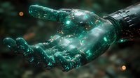 Glowing emerald robotic hand reaching forward with shattered glass effect and floating particles against dark background, dramatic lighting creates sci-fi atmosphere.
