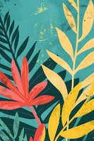 Tropical leaves in vibrant coral red and yellow on turquoise background with grunge texture overlay, creating modern botanical art composition for wall decor.