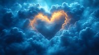 Dramatic heart-shaped opening in stormy clouds illuminated by golden sunlight against deep blue sky, creating natural romantic atmosphere in heavens.