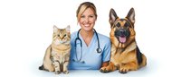 Female veterinarian in blue scrubs with stethoscope poses between friendly German Shepherd dog and tabby cat against white background for animal care services.