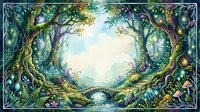 Enchanted forest watercolor scene with glowing fairy lights, magical bridge, lush greenery, and mystical atmosphere, framed by ancient twisted trees.